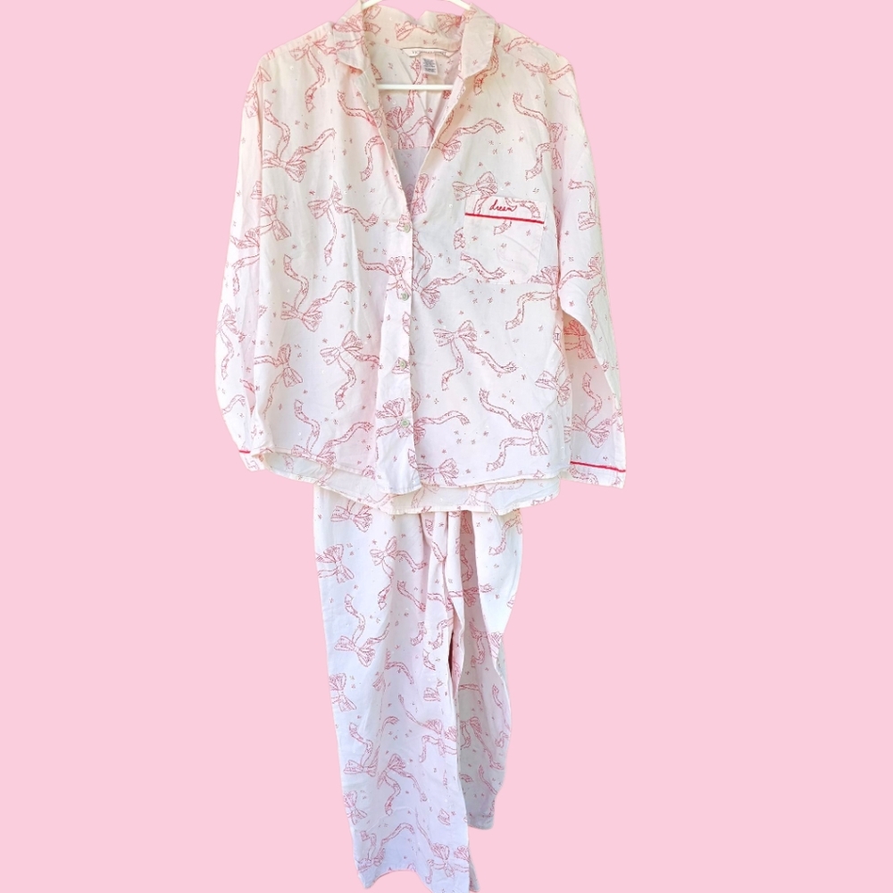 Pink and Red Pajama Set with Bow Print